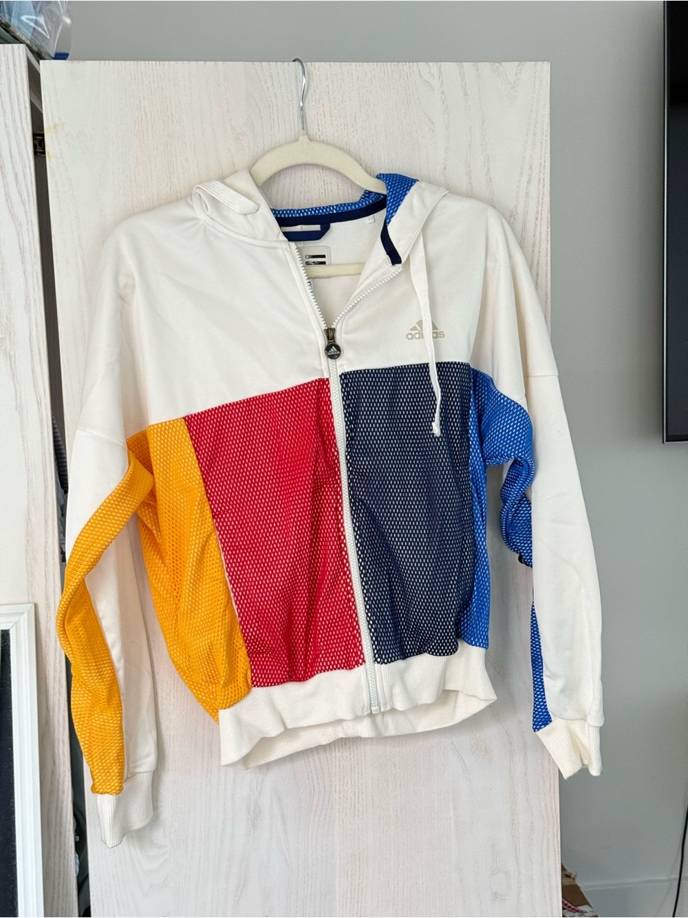 Adidas Women’s  Colorblock Hooded Jacket - White with Red, Yellow & Blue Panels